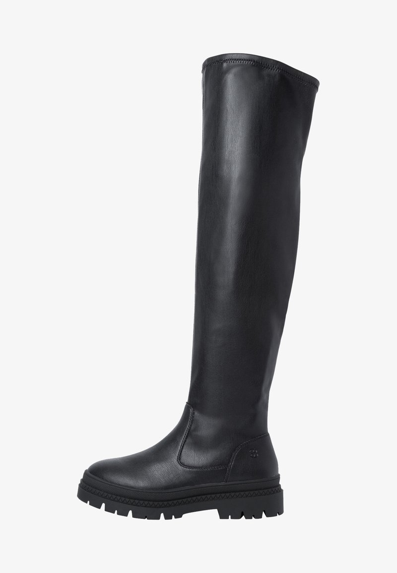 Schwarze Lederstiefel bis zum Knie mit glatter Oberfläche, runder Zehenform und Gummisohle mit einem Zickzackmuster für besseren Halt. Keine sichtbaren Beschläge.