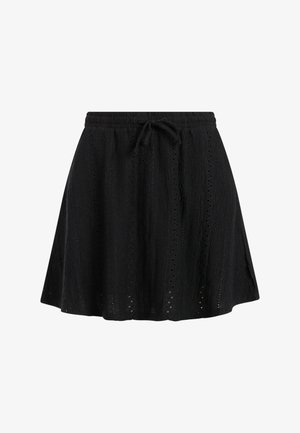 Zwarte knie-lange rok met gestructureerde verticale patronen en een trekkoord in de taille, met subtiele oogjesdetails in de gehele stof.