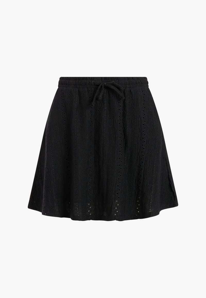 Falda negra hasta la rodilla con patrones verticales texturizados y cintura con cordón, con detalles sutiles de ojales en toda la tela.