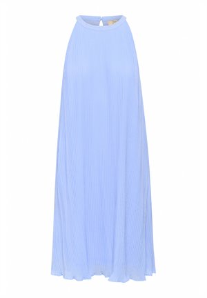 Vaaleansininen pliseerattu maxi-mekko, jossa on korkea kaula-aukko ja avonainen selkä. Valmistettu keveästä kankaasta, ja siinä on pystysuorat raidat tekstuurin lisäämiseksi.