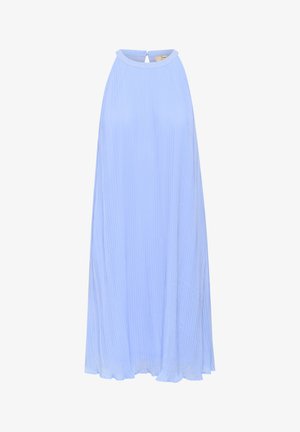 Svetlo modra, plisirana maksi obleka z visokim izrezom in ključavnico na hrbtni strani. Narejena iz lahkega materiala, ima navpične črte za teksturo.