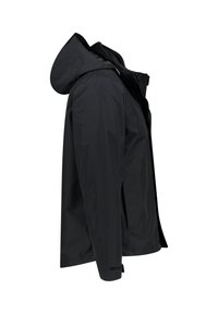 Czarna wodoodporna kurtka z kapturem, o gładkiej, gładkiej teksturze i dopasowanym kroju. Zawiera regulowane mankiety dla większej elastyczności.