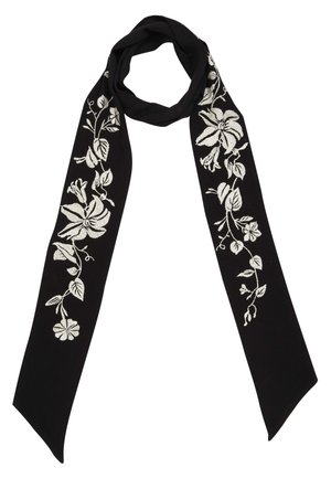 Black scarf with silver floral embroidery. Long, slender shape with soft texture. Design features various flowers and leaves along one side.