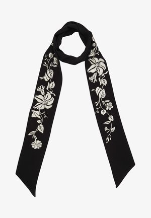 Juodas šalikas su sidabriniais gėlių siuvinėjimais. Ilgas, lieknas ir minkštas. Dizainas rodo įvairias gėles ir lapus vienoje pusėje.