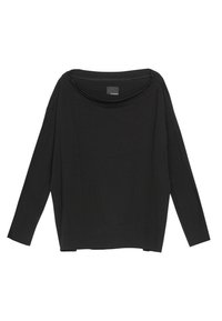 Czarny top z długim rękawem, o szerokim dekolcie łódkowym i obniżonych ramionach. Miękki materiał z luźnym, oversize'owym krojem i bocznymi rozcięciami na dole.