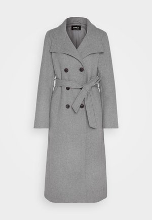 Gray wool blend trench coat with a belted waist, wide lapels, double-breasted front, and black buttons. Features long, straight sleeves.