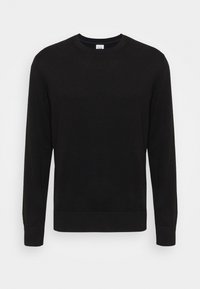 Schwarzer Rundhalsausschnitt-Pullover aus weichem Stoff. Lange Ärmel mit gerippten Bündchen und Saum, mit glatter Textur und minimalistischem Design.