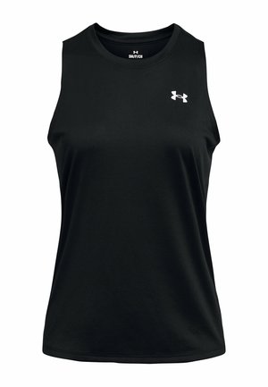 Débardeur de sport noir sans manches en tissu extensible, avec un col rond et un petit logo blanc sur la poitrine.