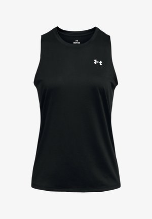 Débardeur de sport noir sans manches en tissu extensible, avec un col rond et un petit logo blanc sur la poitrine.
