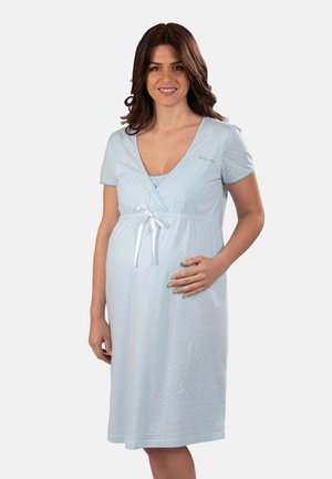 Vestito premaman azzurro chiaro con maniche corte, scollatura a V, motivo a pois e vita legata. Tessuto liscio con una leggera lucentezza.