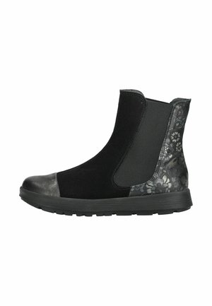 Schwarzer Knöchelstiefel mit elastischem Seitenpaneel, floral gemustertem Rücken und strukturierter Zehenkappe auf einer dicken Gummisohle.
