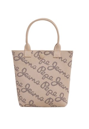 Pochette beige con stampa grigia del logo. Presenta due manici testurizzati e una chiusura a scatto circolare. Forma rettangolare compatta, adatta per l'uso quotidiano.