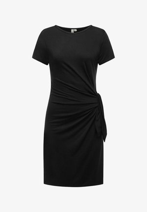 Robe noire à manches courtes avec un décolleté rond, présentant un détail torsadé sur le côté et une coupe au-dessus du genou. Fabriquée dans un tissu lisse et extensible.