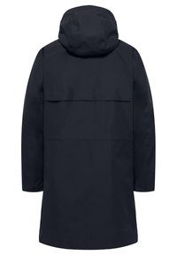 Marine regenjas met capuchon, met een soepele textuur, lange mouwen en een flapontwerp voor de achterzak. Eenvoudige, rechte silhouette.