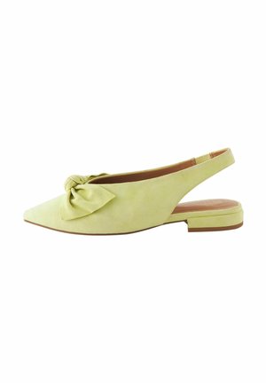 Vaaleankeltaiset mokkanahkaiset slingback-mallisandaalit, joissa on teräväkärkinen muotoilu ja koristeellinen nauha edessä. Matala paljaspohjallinen korko, jossa on sileä pinta.