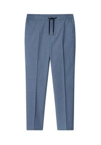 Pantaloni azzurri chiari con vita elastica, chiusura con cordino e due tasche laterali; texture liscia e design a gamba affusolata.