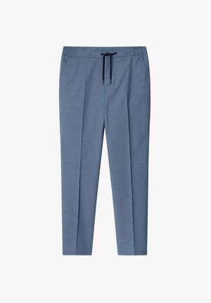 Lichtblauwe broek met een elastische tailleband, trekkoordsluiting en twee zijzakken; gladde textuur en tapered leg design.