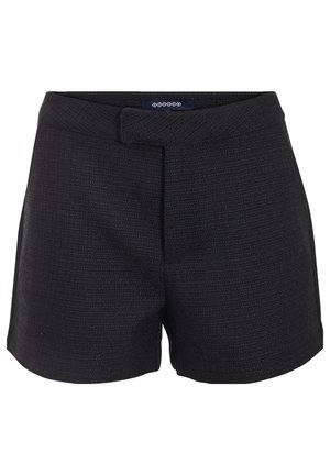 Black woven shorts with a structured design, featuring a flat front, belt loops, and a smooth texture, offering a tailored fit.