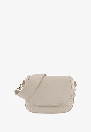 Borsa a tracolla beige con motivi floreali e logo in rilievo. Realizzata in materiale sintetico texturizzato. Presenta una tracolla larga regolabile e dettagli in oro.