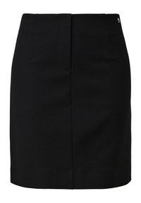 Jupe mini noire en tissu lisse, avec une coupe ajustée, des lignes épurées et une couture frontale subtile. Sans poches visibles ni embellissements.
