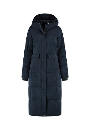 Lange donkerblauwe gewatteerde winterjas met capuchon, voorknoop, drukknoopjes en twee klepzakken.