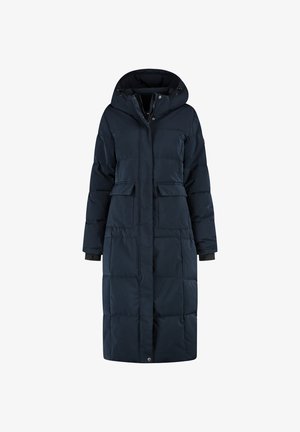 Lange donkerblauwe gewatteerde winterjas met capuchon, voorknoop, drukknoopjes en twee klepzakken.