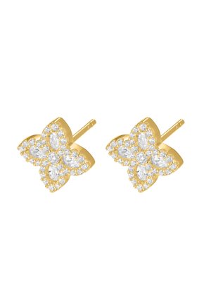 Gold stud earrings shaped as four-petal flowers, each petal adorned with oval and round clear gemstones.