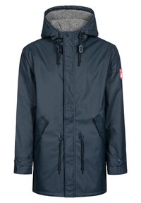 Námořnická modrá nepromokavá bunda s podšívkovou kapucí, předním zapínáním na patentky a zip, dvěma bočními kapsami a nastavitelnými šňůrkami v pase.