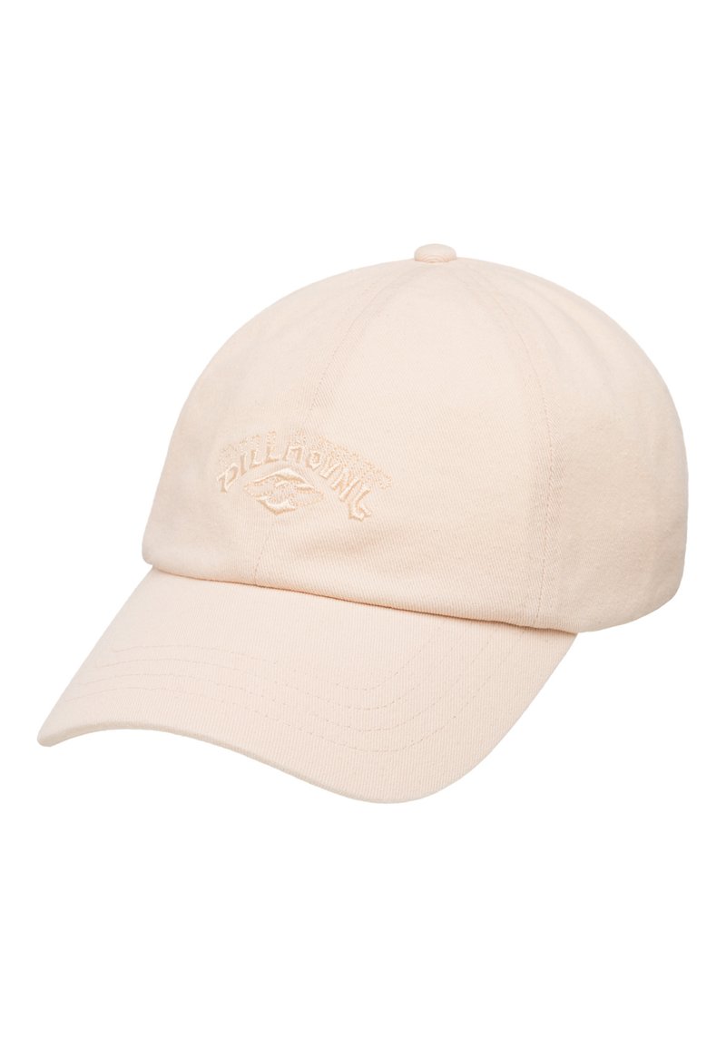 Baseball cap in light peach cotton with embroidered logo on front, curved visor, and seamless crown design. Textured fabric finish.
