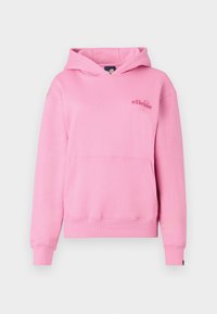 Rosa hoodie i mjukt tyg med en framficka, ribbad mudd och en broderad logga på vänster sida av bröstet.