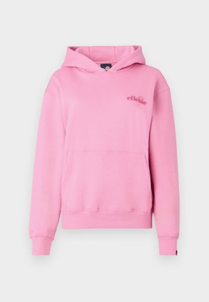 Roze hoodie van zachte stof met een voorzak, ribbelmanchetten en een geborduurd logo aan de linkerzijde van de borst.
