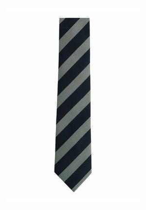 Navy blue tie featuring diagonal stripes in light gray. Textured fabric with a slim design and pointed tip.