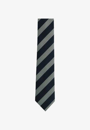 Navy blue tie featuring diagonal stripes in light gray. Textured fabric with a slim design and pointed tip.
