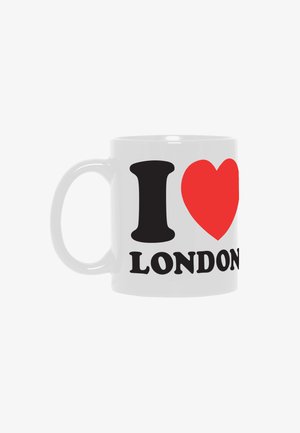 Witte keramische mok met "I" in het zwart, een rood hart symbool en "LONDON" in zwarte letters aan de zijkant, gecentreerd op een witte achtergrond.