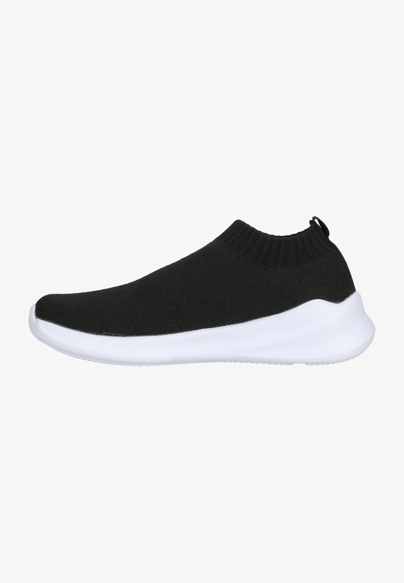 Black knit sneaker with a high ankle collar, white sole, streamlined design, and pull tab at the back for easy wear.