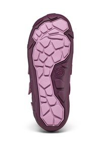 Paars rubberen schoenen zool met een gestructureerd roze loopprofiel. Bevat een kenmerkend gripontwerp en een cirkelvormig logo.