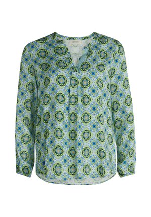 Blouse met lange mouwen van een lichtgewicht stof met een herhalend bloemenpatroon in groen, blauw en crème, voorzien van een V-hals en een ontspannen pasvorm.