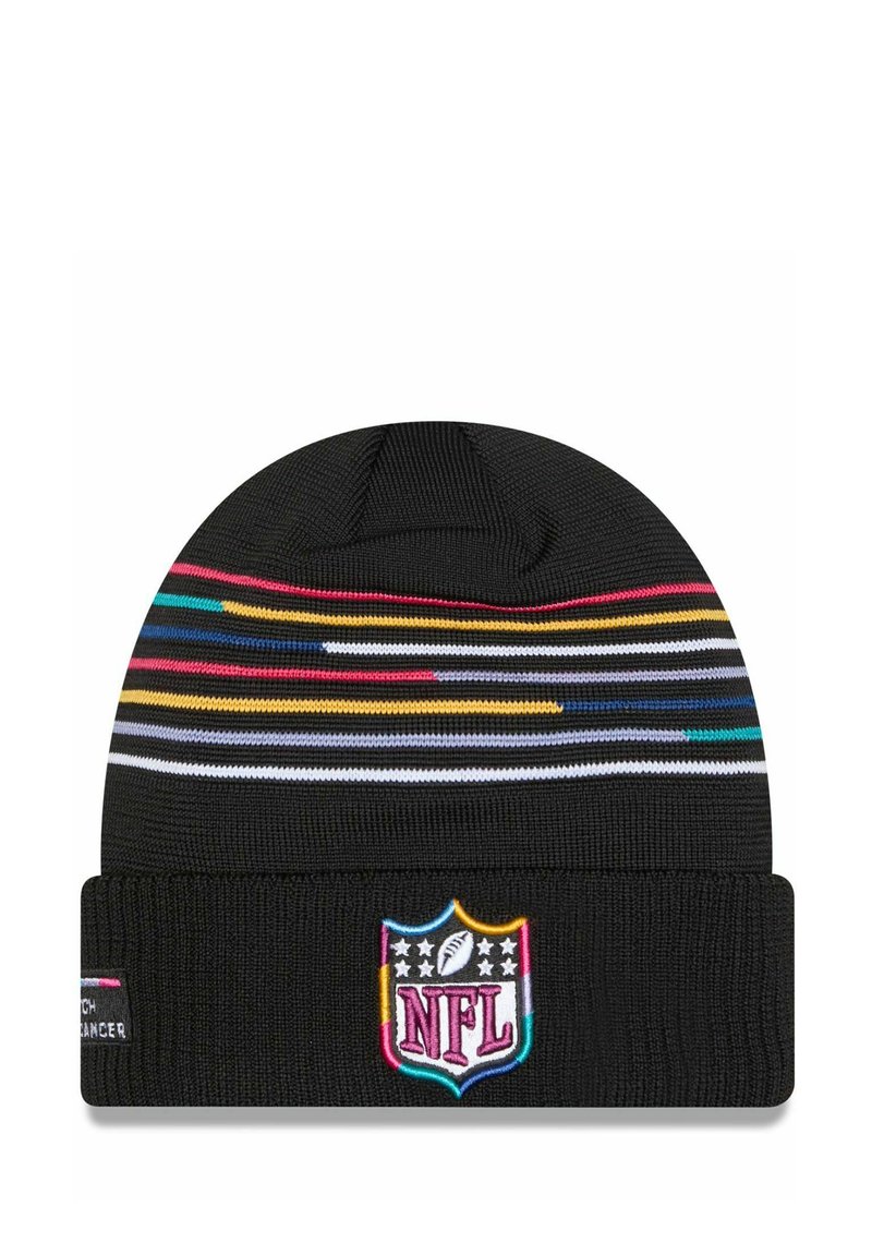 Schwarze Strickmütze mit mehrfarbigen horizontalen Streifen, ausgestattet mit einem gestickten NFL-Logo auf der Vorderseite und einem umgeschlagenen Design.