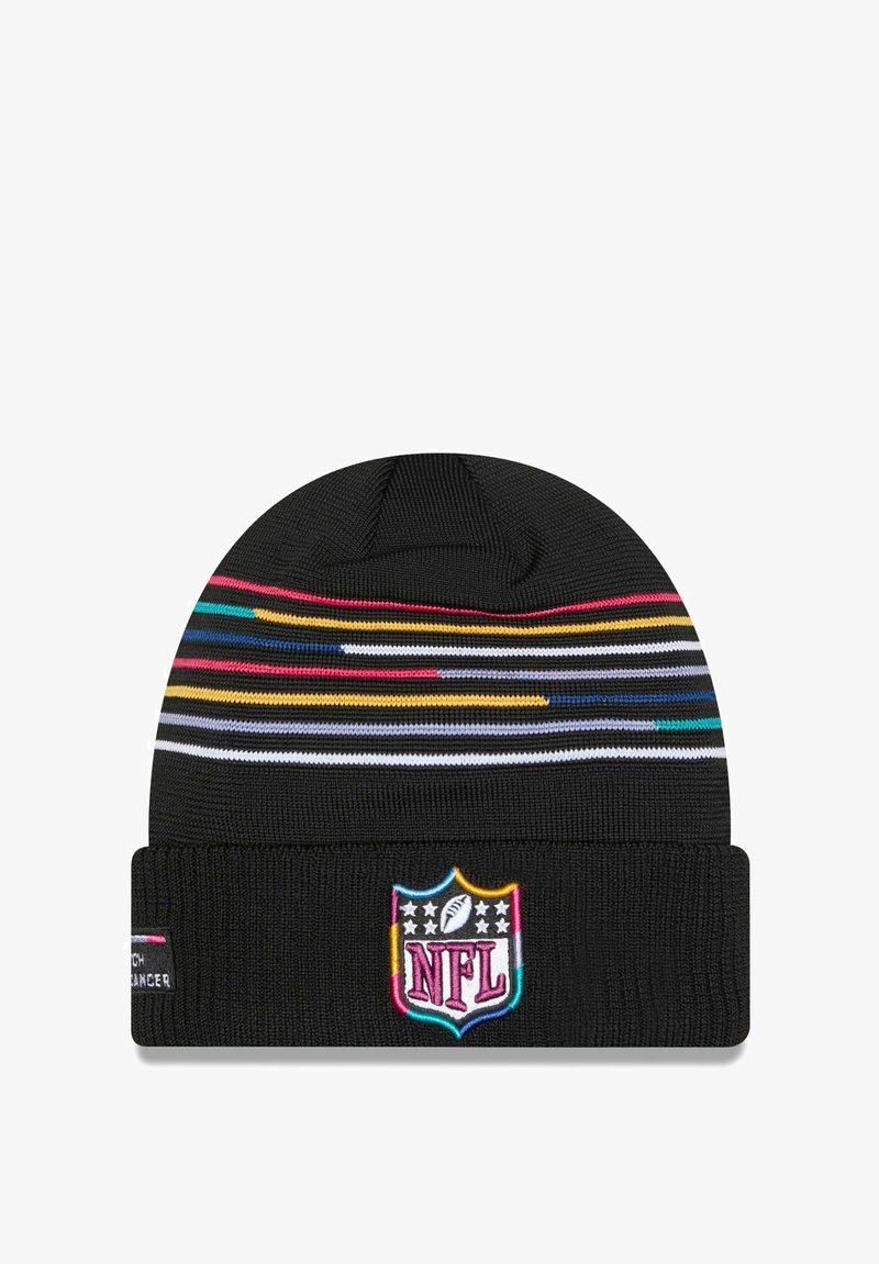 Black knit beanie with multicolored horizontal stripes, featuring an embroidered NFL logo on the front and a cuffed design.