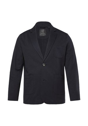 Dunkelblaues, lässiges Blazer für Herren mit zwei unteren Fronttaschen, einer Brusttasche, Reverskragen und einer einzelnen Knopfverschluss.