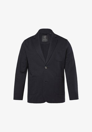 Dunkelblaues, lässiges Blazer für Herren mit zwei unteren Fronttaschen, einer Brusttasche, Reverskragen und einer einzelnen Knopfverschluss.