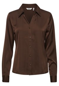 Camicia lunga in satin marrone con colletto a punta, chiusura frontale con bottoni e texture liscia. Presenta bottoni dello stesso colore del tessuto.