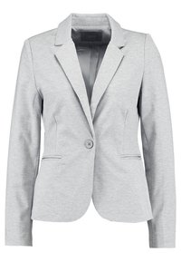 Blazer pour femmes sur mesure gris clair avec manches longues, fermeture à un bouton, revers crantés et deux poches avant.