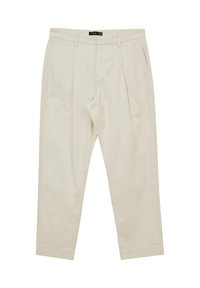 Pantaloni beige a gamba dritta, con pieghe frontali, tasche laterali e un tessuto liscio e leggero.
