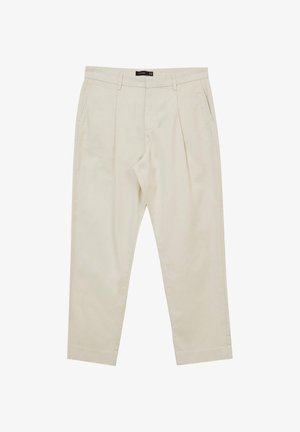 Pantaloni beige a gamba dritta, con pieghe frontali, tasche laterali e un tessuto liscio e leggero.