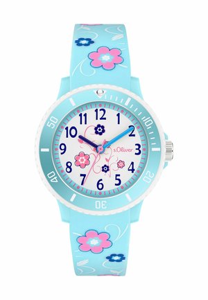 Children's wristwatch with light blue strap decorated with pink and dark blue flowers, white dial with floral pattern, and blue hour and pink minute hands.
