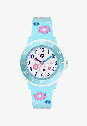 Børneur med lyseblåt rem dekoreret med lyserøde og mørkeblå blomster, hvid urskive med blomsterprint og blå time- samt lyserød minutviser.
