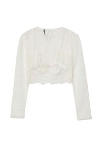 Weißes Spitzen-Croptop mit langen Ärmeln, das ein zartes Blumenmuster und ein Schlüsselloch-Detail am Rücken aufweist, sowie ein tailliertes Design mit integriertem BH.