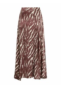 Jupe longue avec un motif rayé zèbre marron et crème, fabriquée en tissu doux avec un design fluide et une taille élastique.