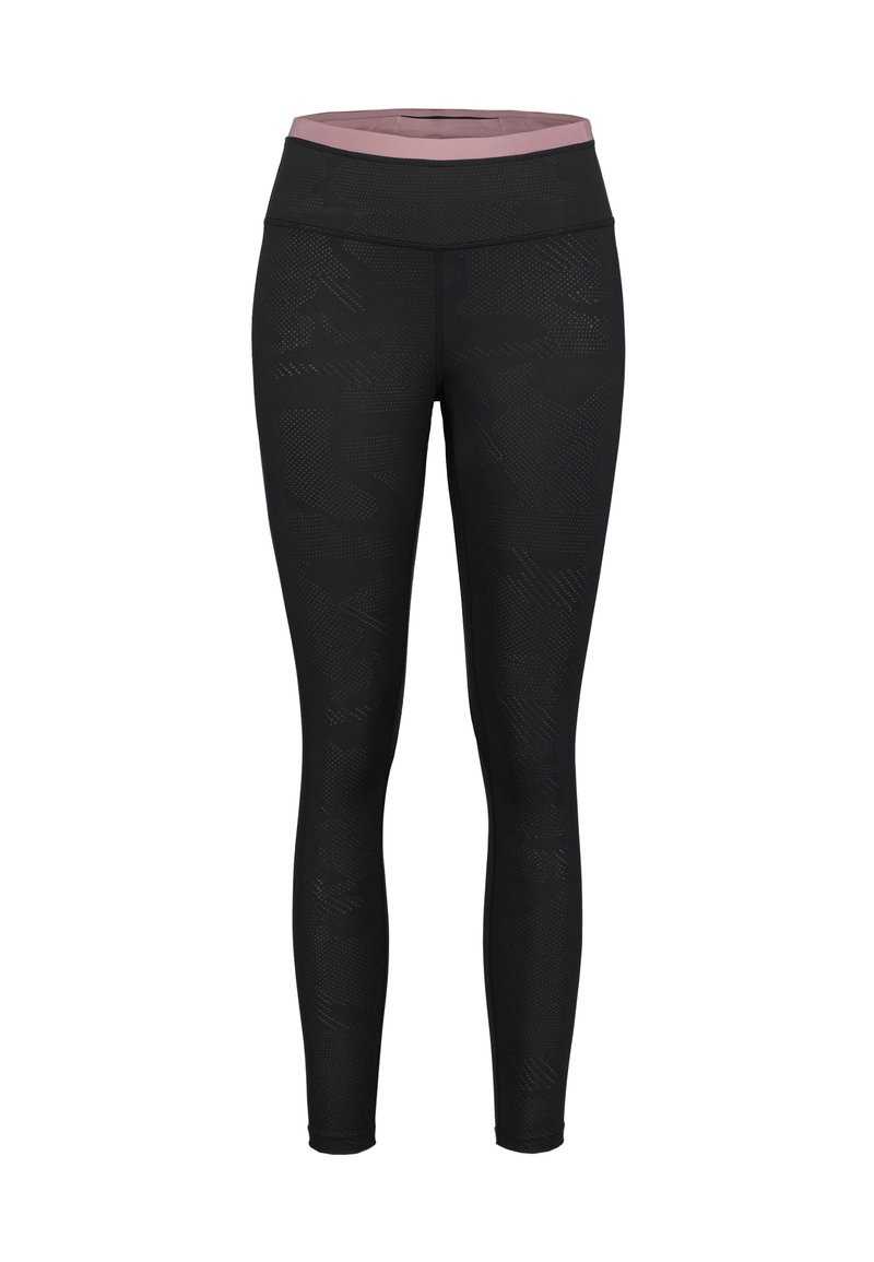 Svarta leggings med en texturerad design och hög svart midja, med en rosa accent upptill. Tillverkade av elastiskt tyg.